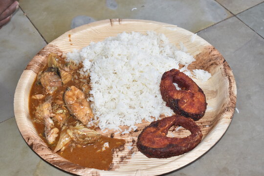 Spicy Tasty Traditional south indian non veg lunch meals rice with fish gravy fish fry homemade tamilnadu