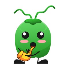 vector illustration of cute coconut fruit music or character playing saxophone. cute coconut fruit Concept White Isolated. Flat Cartoon Style Suitable for Landing Page, Banner, Flyer, Sticker.