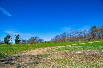 Farmland with dirt road up hill and blue sky