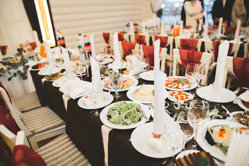 Interior of a restaurant prepared for wedding ceremony