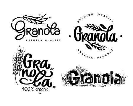 Granola logo set vector. Collection of lettering compositions with spikelets and decorative elements. Calligraphy. Food logotypes for package, label.