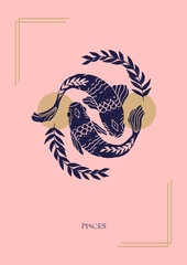 Zodiac sign Pisces in boho style on the pink background. Trendy vector illustration.