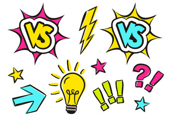 Vs comics elements in pop art style. Bright cartoon icons for a poster or banner. Light bulb, arrow, lightning. Vector illustration.