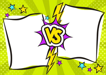 Vs comics book collision frames with cartoon text speech bubbles and stars. Lightning on halftone stripes background. Comic magazine funny poster. Vector illustration in pop art style