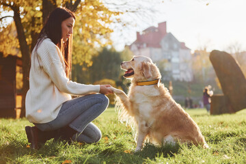 Young woman have a walk with Golden Retriever in the park