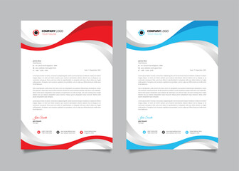Stylish business letterhead template. Letterhead design with wavy red and blue shape. 