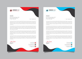 Creative corporate letterhead template. Letterhead design with wavy red, black, and blue shape. 