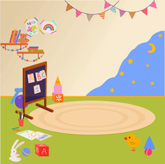 Naklejka premium Vector cartoon illustration of empty Kindergarten interior with toys for young children free space for message.