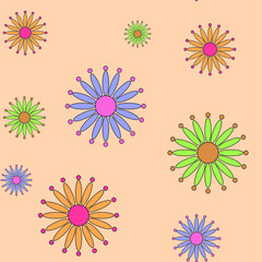 Fototapeta na wymiar Abstract vector colorful green, blue and orange flowers pattern on yellow background.