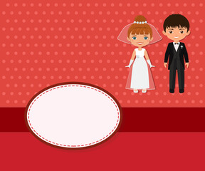 Wedding invitation couple on red background. Place for your text. Cartoon flat style