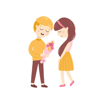 Couple in love. The boy gives the girl a bouquet of flowers for Valentine's Day or birthday. Date. Cute childish illustration in simple hand drawn cartoon style. Vector isolate on a white background.