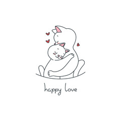 Happy Love. Black and white illustration of cute hugging cats on a white background. Vector 10 EPS.