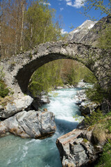 Fototapeta na wymiar Ancient stone bridge over turquoise color river in the French Alps