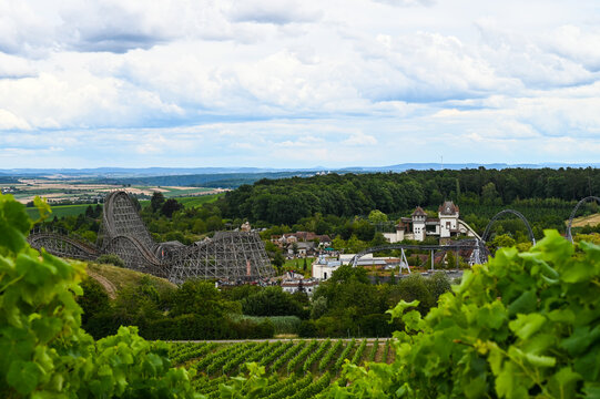 The Themepark Tripsdrill with its rollercoasters and exciting attractions surrounded by beautiful vineyards and forest.