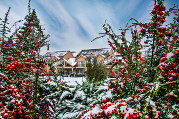 Snow covered yard in a beautiful neigborhood in Bucharest.Christmas landscape