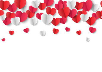 Valentine's Day background, paper hearts on white background, seamless pattern, vector illustration