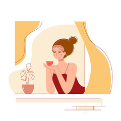 Vector cartoon cute woman in a sleep mask and the dress. Happy modern girl drinking tea and enjoyed by morning. Abstract window with a home plant.