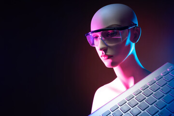 A female mannequin in safety glasses next to a computer keyboard. Artificial intelligence....