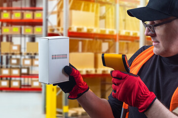 A man reads a barcode  at a box. Checking whether the product is in stock. The label is applied to the packaging. Inventory of the warehouse. Working in a warehouse.