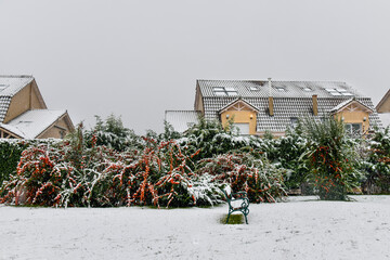 Snow covered yard in a beautiful neigborhood in Bucharest.Christmas landscape