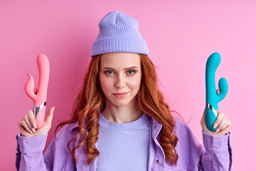 woman enjoys sexual life poses with vibrators to satisfy all types of preferences, have fun posing...