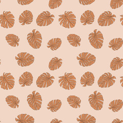 Illustration of brown leaves monstera isolated on a beige background. Seamless pattern. Sepia