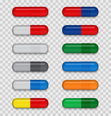 Set of full colored Medical pill on a transparent background. Virus capsule. The medicine. Vector Illustration. EPS10
