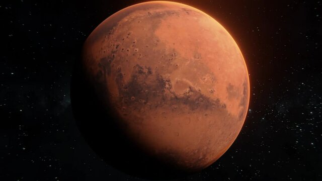 Flying around Mars planet spinning in open space over stars background. Epic view on Mars red planet in 4k footage. 3d mysterious planet with illuminated craters texture