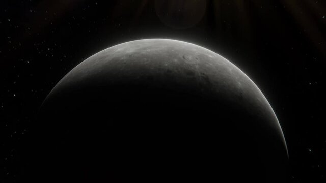 Moon rising in open space over the stars. Epic shot of the Moon with sun flare from the dark side in 4k 3d visualisation 
