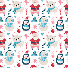 Seamless Christmas pattern with Santa clause, deer, tree, decoration, snowflakes, penguin, snowman and boxes.