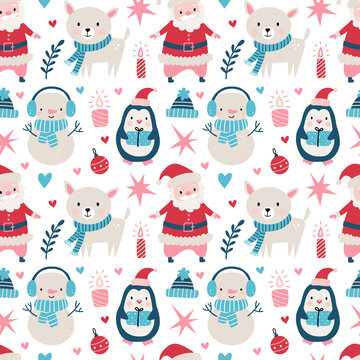 Seamless Christmas pattern with Santa clause, deer, tree, decoration, snowflakes, penguin, snowman and boxes.