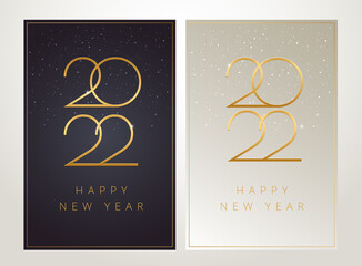 Fototapeta na wymiar Posh New Year 2022 vertical cards design - dark and light, black and golden luxury design with 2022 logo text and snowflakes in the shining posh background. Vector 2022 New Year greeting card