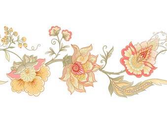 Seamless pattern with stylized ornamental flowers in retro, vintage style. Jacobin embroidery. Colored vector illustration isolated on white background. © Elen  Lane