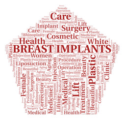 Breast Implants typography word cloud create with the text only. Type of plastic surgery