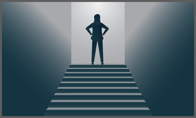 women business climbing stairs to reach target at top