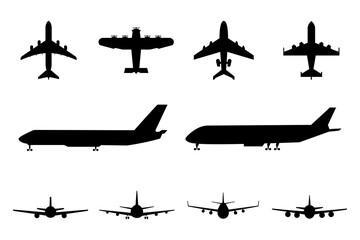 Collection of commercial airplane black silhouettes. Passenger plane silhouettes. Vector set