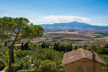 The late summer landscape around Pienza in Val d'Orcia, Siena Province, Tuscany, Italy
