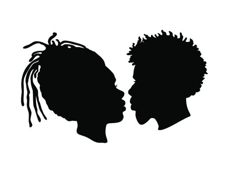 African American Afro female, male face vector silhouettes. Black couple portraits for wedding romantic design.Profile man and woman head drawing illustration with hairstyles of dreadlocks.Human love.