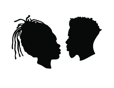 Silhouette of a couple.African American Afro female, male face vector silhouettes. Black couple portraits for wedding romantic design.Profile man and woman head drawing illustration with hairstyles 