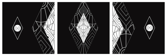 geometric modern Art Deco design in black and white with great detail. The art is ideal for printing textiles, packaging, backgrounds, booklets, product presentations, paintings in interior design. 