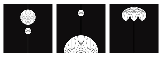 geometric modern Art Deco design in black and white with great detail. The art is ideal for printing textiles, packaging, backgrounds, booklets, product presentations, paintings in interior design. 