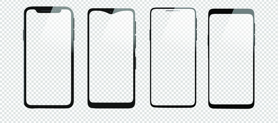 Realistic smartphone models with transparent screens and background. Vector phone icon mockup collection. 3D mobile phones isolated without screen. New digital phone technology. iPhone mockup.