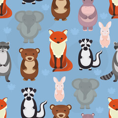 Seamless vector pattern with cute animals on a blue background