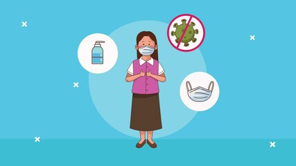 teacher wearing medical mask character with covid19 prevention icons - Powered by Adobe