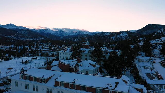 4K The Stanley Hotel Estes Park Colorado Aerial View Sunset