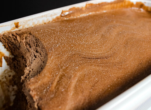 Close-up of chocolate ice cream in a container.