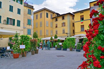 urban landscape of the Piazza dell'Ortaggio in the historic center of the city of Pistoia in Tuscany, Italy. In historical times there was the Jewish ghetto of Pistoia