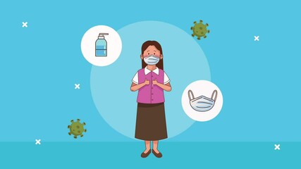 teacher wearing medical mask with covid19 prevention icons - Powered by Adobe