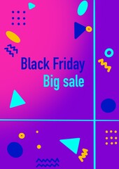 An abstract geometric background for Black Friday sales brochures, banner, poster. Flat illustration, neon colours, print. For landing pages, websites, magazines, online shops