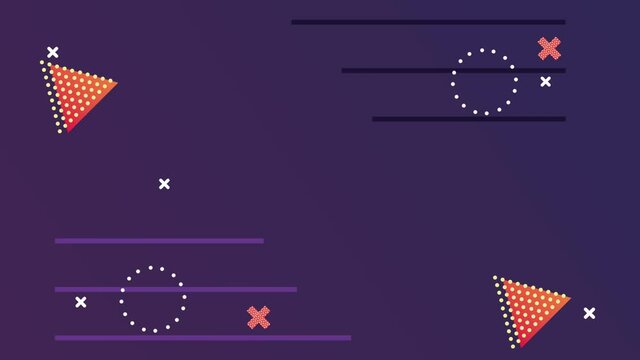 geometric figures and color memphis style in dark purple background